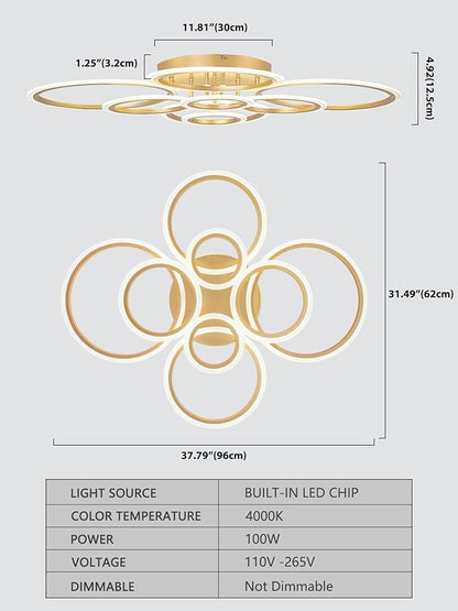 Modern LED Flush Mount Ceiling Light, 8 Rings Gold Close to Ceiling Light Fixtures, Living Room Lighting Ceiling Lamp for Dining Room, Bedroom, Kitchen, 4000K Not Dimmable
