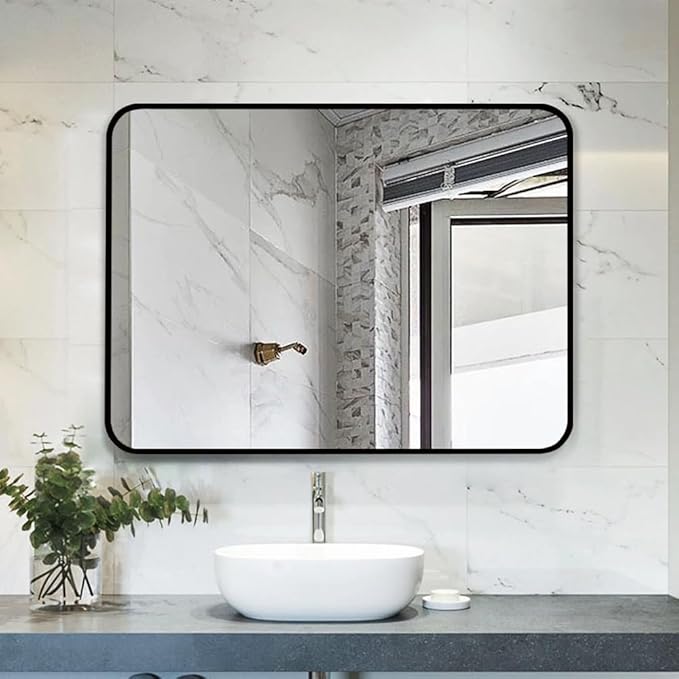 JISOSO Black Bathroom Mirror 40X30 Inch, Black Metal Framed Mirror for Wall, Rounded Rectangle Matte Bathroom Vanity Mirror with Tempered Glass, Anti-Rust, Horizontal/Vertical