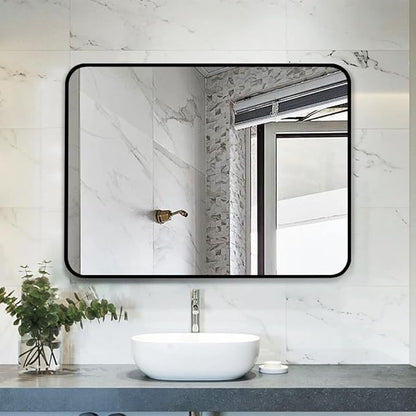 JISOSO Black Bathroom Mirror 40X30 Inch, Black Metal Framed Mirror for Wall, Rounded Rectangle Matte Bathroom Vanity Mirror with Tempered Glass, Anti-Rust, Horizontal/Vertical
