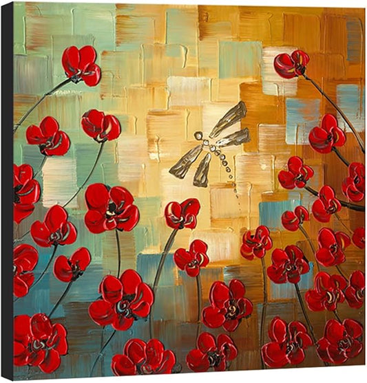 Wieco Art Dragonfly Floral Oil Paintings on Canvas Wall Art Ready to Hang for Bedroom Kitchen Dining Room Home Decorations Modern 100% Hand Painted Stretched and Framed Abstract Flowers Artwork
