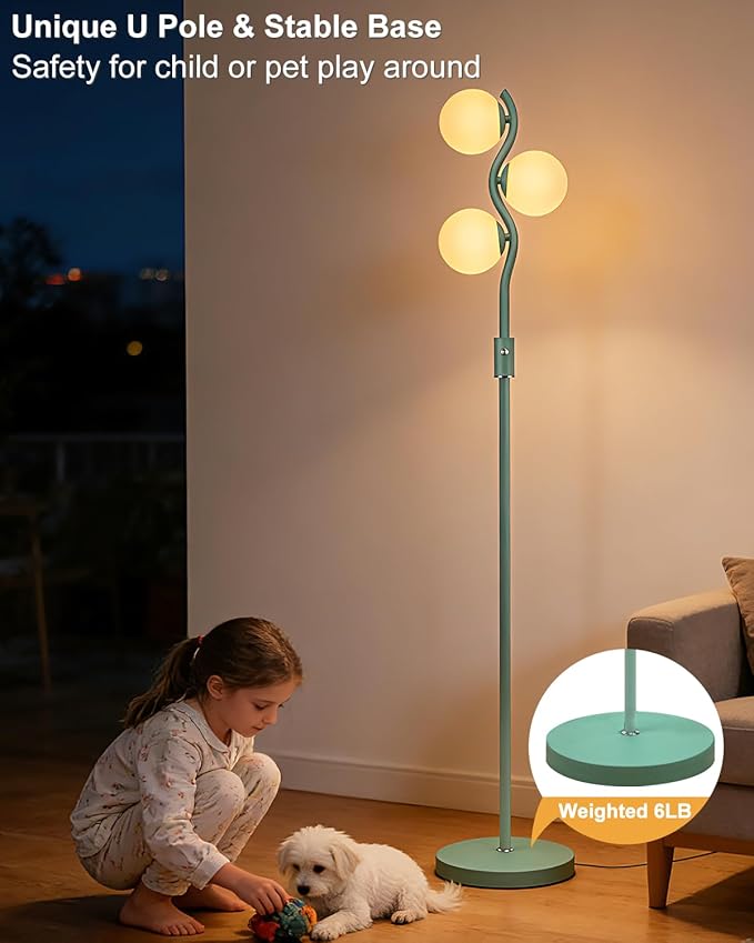 Lightdot 60IN Green Floor Lamp Stepless Dimmable Globe Floor Lamps with 3Pcs 3000K Bulbs Eye-Friendly Mid Century Standing Lamps with 5Lbs Heavy Base for Living Room/Bedroom/Corner