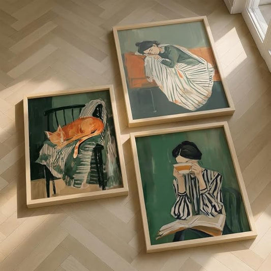 ZHBJSM Cozy Daily Life Wall Art Set of 3 Warm Muted Green Watercolor Boho Chic Modern Casual Sleeping Orange Cat Resting Woman Coffee Book Decor For Bedroom Living Room 12x16 Inch Unframed