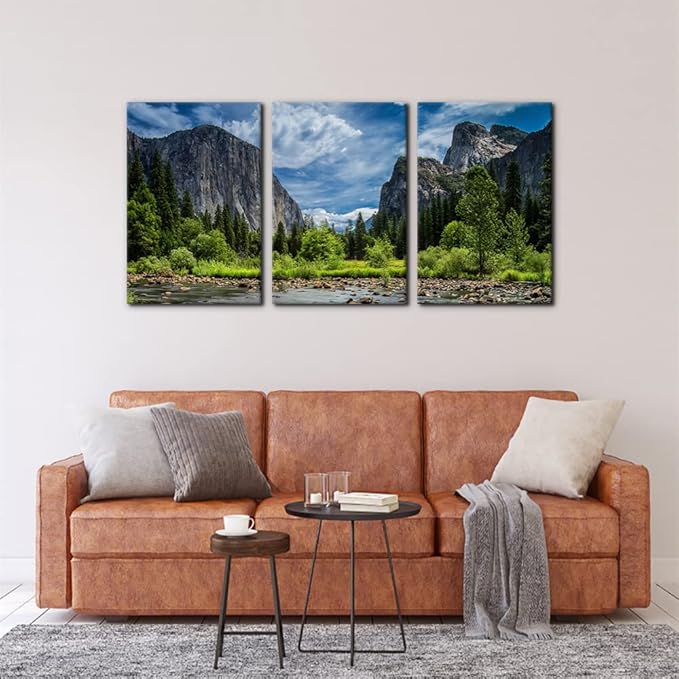 Pacimo 3 Pieces Green Wall Art Painting Yosemite National Park Clear Water Lake Mountain Trees Rocks Pictures Prints On Canvas Landscape Wall Decor for Home Modern Decoration Print - 16"x24"x3 Panel