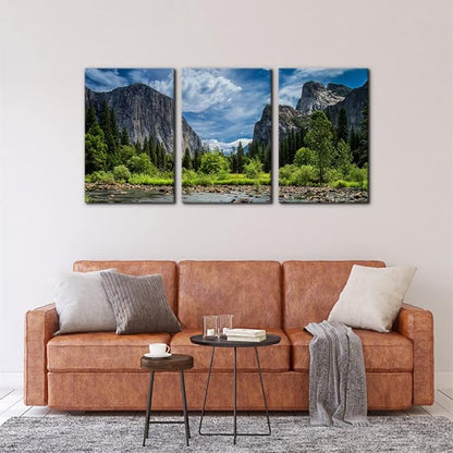 Pacimo 3 Pieces Green Wall Art Painting Yosemite National Park Clear Water Lake Mountain Trees Rocks Pictures Prints On Canvas Landscape Wall Decor for Home Modern Decoration Print - 16"x24"x3 Panel