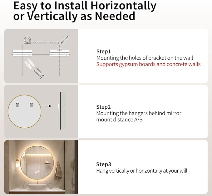 LAIYA 24 Inch Round LED Bathroom Mirror with Lights, Gold Aluminum Frame, Anti-Fog Dimmable Backlit Vanity Mirror, 3 Color Temperature, Memory Function, Wall Mounted Lighted Bathroom Mirror