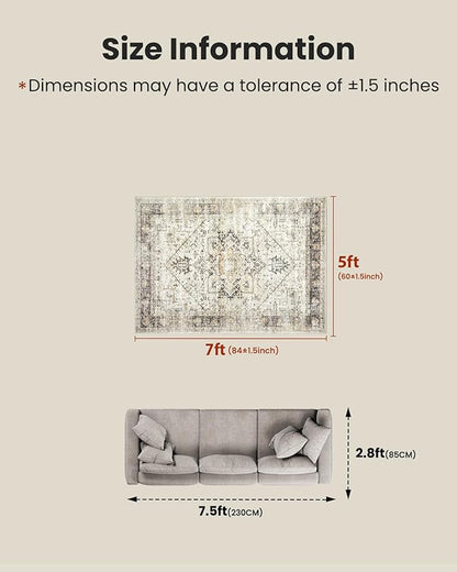 AMADA HOMEFURNISHING 5x7 Washable Area Rug, Low-Profile Living Room Rug with Non-Slip Backing & Durable Edge Binding, Large Area Rug, Vintage Rugs for Living Room, Bedroom, Dinning Room