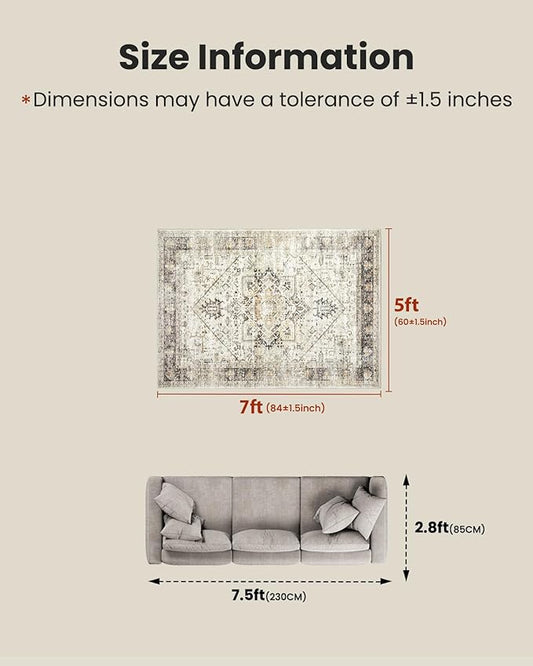 AMADA HOMEFURNISHING 5x7 Washable Area Rug, Low-Profile Living Room Rug with Non-Slip Backing & Durable Edge Binding, Large Area Rug, Vintage Rugs for Living Room, Bedroom, Dinning Room