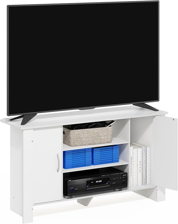 Furinno ECON TV Stand, 4-Tier Entertainment Center with Adjustable Shelf, Open Back TV Console with Door Storage for TV up to 50 Inch, for Living Room, Bedroom, White