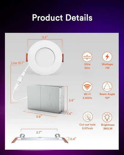 Lumary 3 Inch Smart LED Recessed Light, Color Changing Wafer WiFi Ceiling Downlight, Canless w/J-Box, Compatible with Alexa/Google/Remote-Not Included, 7W 350Lm, 4 Pack
