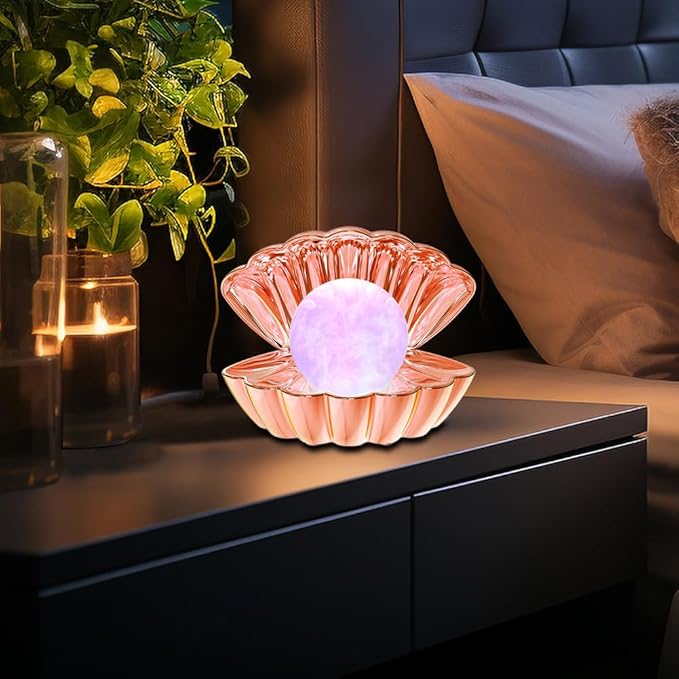 LKUA Shell Pearl Beach Themed Night Light, RGB 8 Colors Changing Mood Shell Pearl Lamps, Bedside LED Clamshell Portable Night Lights for Bar (Electroplated Rose Gold)