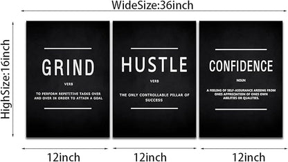 KAWAHONE Motivational Success Canvas Wall Art, Grind Hustle Confidence Wall Decor Framed Inspirational Entrepreneurs Painting Prints Quotes Poster for Office Workplace Ready to Hang