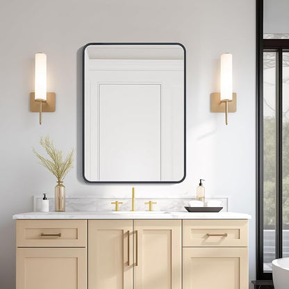 USHOWER Black Bathroom Mirror for Over Sink 22 x 30 Inch, Matte Black Rectangle Mirror for Wall, Rounded Metal Frame Vanity Mirror
