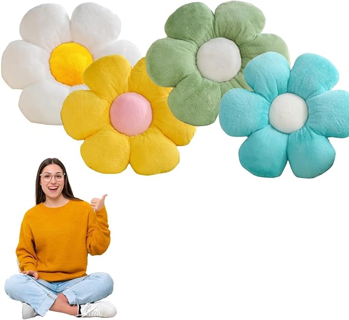 CANGHI Flower Pillows Flower Shaped Throw Pillow Cute Daisy Pillows Seating Cushions for Adults Kids Home Bedroom Sofa Chair Couch Decor (4pcs White/Yellow/Grren/Blue, 15.74 inch)