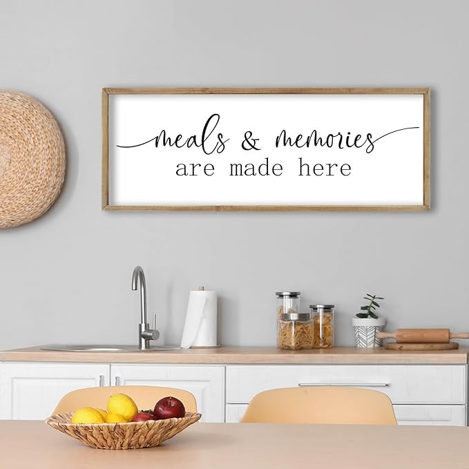 FZMHASLWW Farmhouse Kitchen Wall Decor Quote Meals and Memories Are Made Here Sign Art 32"×12" Vintage Cozy Home for Dining Room Large Rustic Wooden Framed Wall Hanging Decoration (Wood)