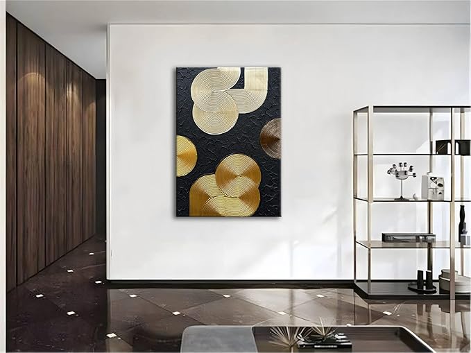 Slyart Black and Gold Texture Wall Art, Handmade 3D Arch Painting, 28"x40" Large Abstract Canvas Wall Art