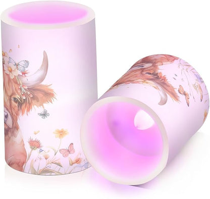 ALAZA Kawaii Highland Cow Butterflies Flickering Flameless Candles Battery Operated with Remote Timer,Tea Light Candles LED Pillar Votive Candles Set of 2 for Outdoor Indoor Decorations