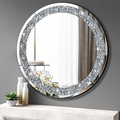 QMDECOR Round Wall Mirror 28x28 inch Crystal Crush Diamond Decor for Home Decoration Silver Mirror.