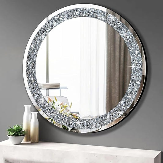 QMDECOR Round Wall Mirror 28x28 inch Crystal Crush Diamond Decor for Home Decoration Silver Mirror.