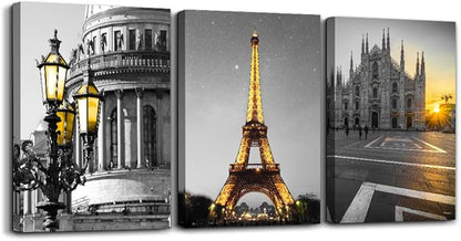 Black and white Architectural landscape Canvas Wall Art for Living Room kitchen Wall Artworks Bedroom Decoration, 3 Piece framed bathroom Home Wall decor posters Yellow Eiffel Tower wall painting