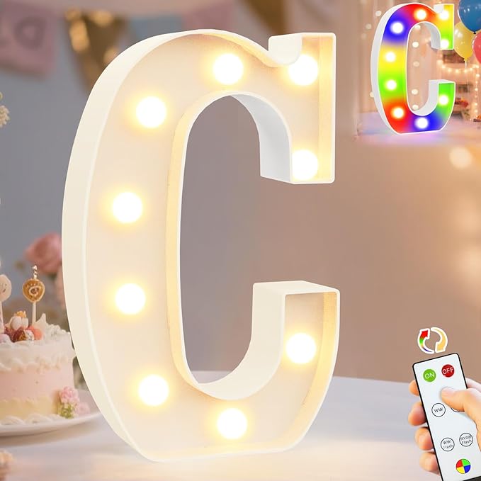 Pooqla LED Light Up Letters, Warm White and Colorful Lighted Marquee Letters with Remote, Lighted Letter for Party Birthday Decorations, Gift for Girls Boys Night Light, Wedding Home Decor, Letter C