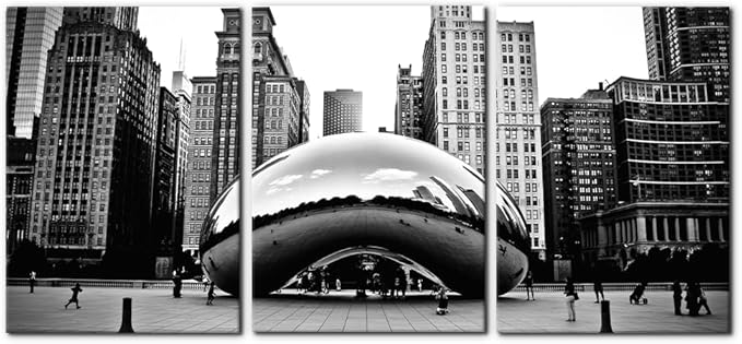 3 Pieces Black and White Wall Art - The Millennium Park in Downtown Chicago Photograph Picture Print on Canvas - Cloud Gate Canvas Wall Art for Modern Home Decor Ready to Hang - 20"x28"x3 Panel