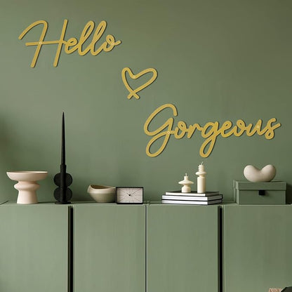 Hello Gorgeous Metal Wall Art Decor Gold Modern Hello Gorgeous Signs Farmhouse Metal Wall Art Hanging Decoration for Bathroom Living Room Bedroom Office Hotel Home Wall Decoration (Gold)