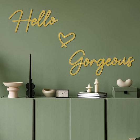 Hello Gorgeous Metal Wall Art Decor Gold Modern Hello Gorgeous Signs Farmhouse Metal Wall Art Hanging Decoration for Bathroom Living Room Bedroom Office Hotel Home Wall Decoration (Gold)