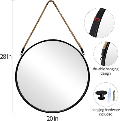 POZINO Round Hanging Mirror, 20" Rope Wall Mirrors Decorative, Black Metal Frame Circle Mirrors, Farmhouse Wall Mounted Mirrors for Bathroom, Bedroom, Living Room, Entryway, Home Decor
