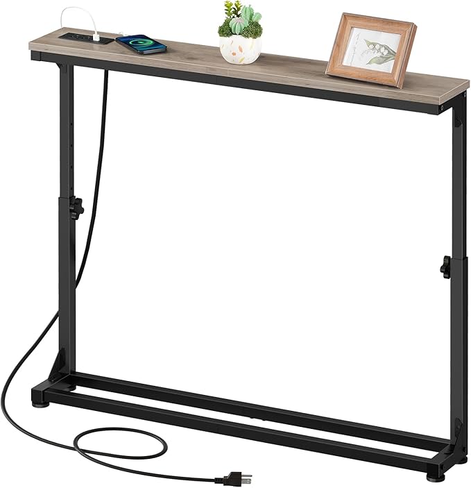HOOBRO Narrow Console Table with Charging Station, Adjustable Height Sofa Table (25''-32.9''), Slim Behind Couch Table for Small Spaces, Entryway, Living Room, 39.4" Greige BG95UXG01