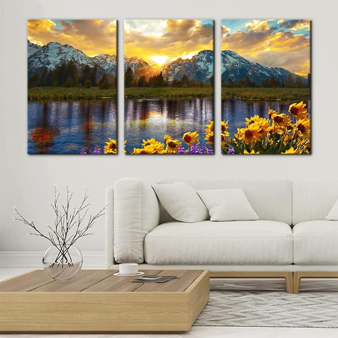 3 Pieces Mountain Canvas Wall Art for Living Room Nature Landscape Picture Sunflower Wall Decor for Bedroom Home Decoration Sunrise Grand Teton National Park Painting Framed Artwork - 16"x24"x3 Panels