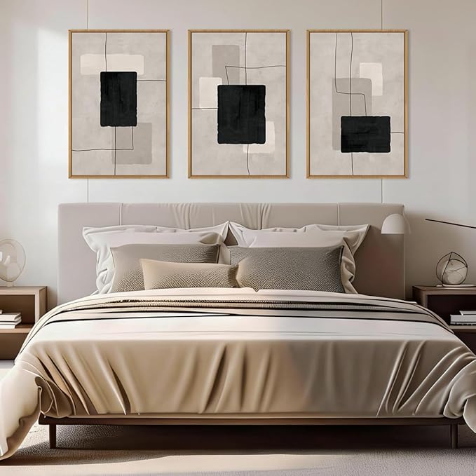 ANHUIB Modern Abstract Wall Art Canvas,Neutral Abstract Wall Art Framed,Contemporary Minimalist Prints,Geometric Line Artwork,3 Piece 24 * 36IN Mid Century Painting for Living Room Bedroom Office