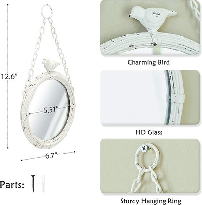 NIKKY HOME 6.7 Inch Decorative Small Hanging Mirrors Vintage Rustic Round Metal Framed Wall Mounted Mirror Decor with Bird for Bathroom Living Room Office, Rustic White