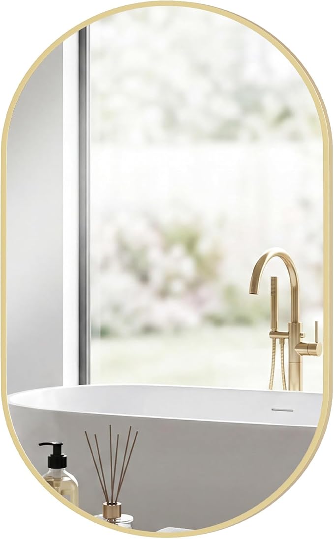 NEWBULIG 24" x 36" Oval Bathroom Mirror, Gold Wall Mirror with Metal Frame, Tempered Glass, Morden Vanity Mirror for Over Sink, Entryway, Living Room, Bedroom, Horizontal or Vertical
