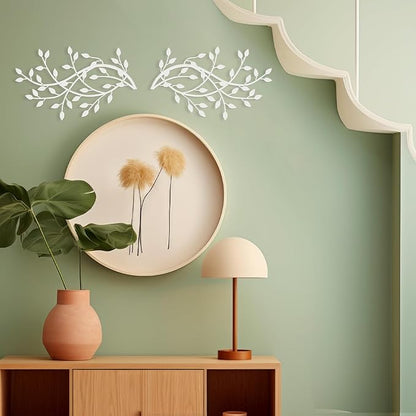 Meltset Metal Tree Leaf Wall Decor, Vine Olive Leaf Branch Wall Art,Wrought Iron Artwork, Decorative Wall Sculptures Above The Bed, Living Room, Indoor and Outdoor (2 Pcs/White)