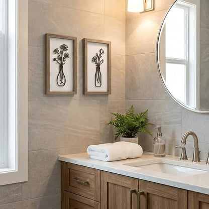 pechpell 3D Wooden Flower Wall Art With Wood Framed, 15.7×7.1 Inch Set of 2 Boho Black White Wall Vase For Floral Decor, Bathroom Bedroom Kitchen Rustic Farmhouse Home Artwork