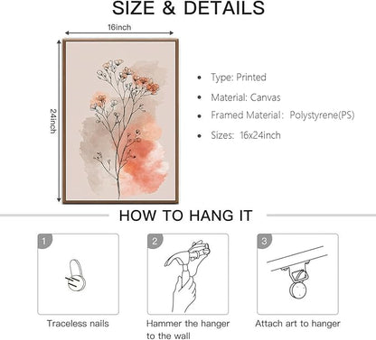 okudolit Boho Vintage Flower Wall Art Set of 3 Minimalist Floral Botanical Prints Rustic Wildflower Wall Decor Beige and Pink Neutral Plant Painting for Living Room Bedroom Office-16x24in