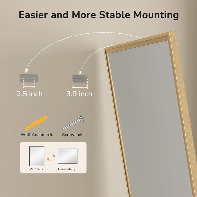 USHOWER Brushed Gold Bathroom Mirrors for Over Sink 24x36 Inch, Metal Framed Rectangle Vanity Mirror for Wall, Bedroom, Living Room, Entryway, Anti-Rust, HD Tempered Glass, Horizontal/Vertical
