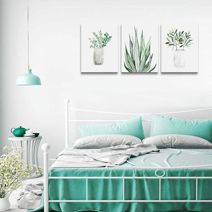AHUASJART Canvas Wall Art painting for kitchen dining room Wall decor for Bedroom Large Size Wall Decoration for Living Room Office decor Green Leaf Wall pictures Artwork for home walls Art 3 piece