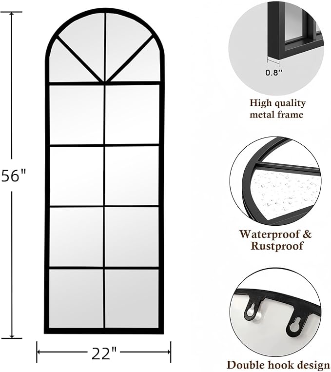 Floor Length Mirror, Black Wall Mirror, 56"x22" Large Arched Window Pane Mirrors, Oversize Farmhouse Full Body Standing Mirrors for Living Room, No Stand