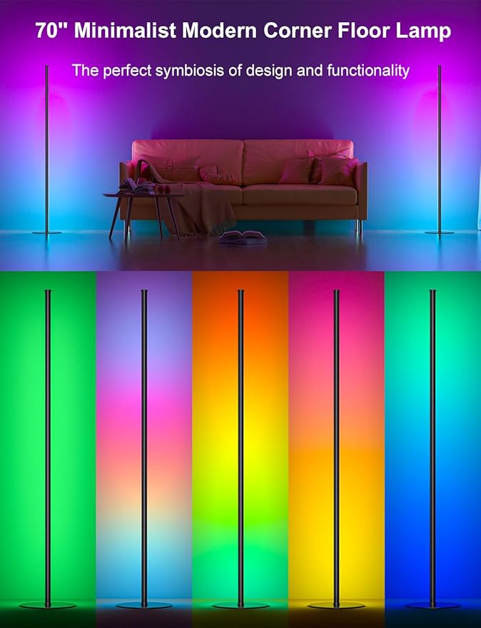 Eastfine Corner Floor Lamp 70", Upgraded RGB LED with Remote Control, App Control with 16 Million Colors and Dynamic Modes, Music Sync Timing, Ambient Lighting for TV Living Room Bedroom Gaming