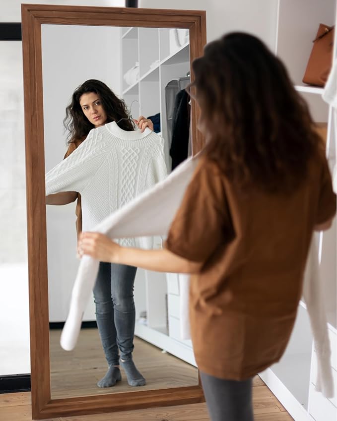 Full Length Mirror, 71"x32" Wooden Mirror Full Length with Stand Wood Floor Mirror, Oversized Stand Up Mirrors Large Wall Mirrors, Wall Mounted Mirrors, Rect Wood Style, Brown