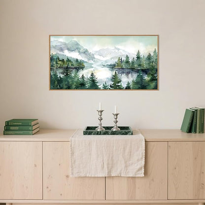 Watercolor Mountain Framed Canvas Wall Art Set, Boho Forest Wall Decor, Nature Green Pines Wall Painting, Forest Wilderness Artwork for Living Room, Bedroom, Dining Room, Office-20 x40 x1
