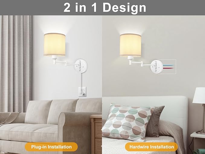 GOODATE Plug in Wall Sconces with Remote Control, Dimming, Adjustable Colors 2700K-6500K, Hardwire or Plug-in, Swing Arm Wall Lamp, Wall Sconces Set of Two, White Fabric Shade, White Finish