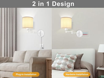 GOODATE Plug in Wall Sconces with Remote Control, Dimming, Adjustable Colors 2700K-6500K, Hardwire or Plug-in, Swing Arm Wall Lamp, Wall Sconces Set of Two, White Fabric Shade, White Finish
