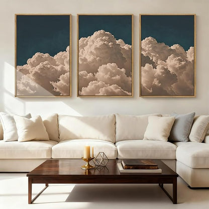 IARTTOP Extra Large Navy Blue Cloud Wall Art 24x36 Inch Framed Abstract Modern Landscape Canvas Wall Decor Minimalist Sky Painting Set of 3 for Bedroom Living room Office