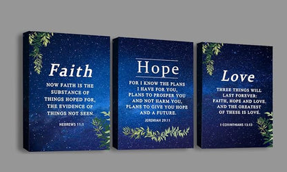 Faith, Hope & Love Bible Verse Inspirational Wall Art, Christian Canvas Decor Gift for Living Room Bedroom (8 X 10in X 3 pcs) Framed (Starry Sky)