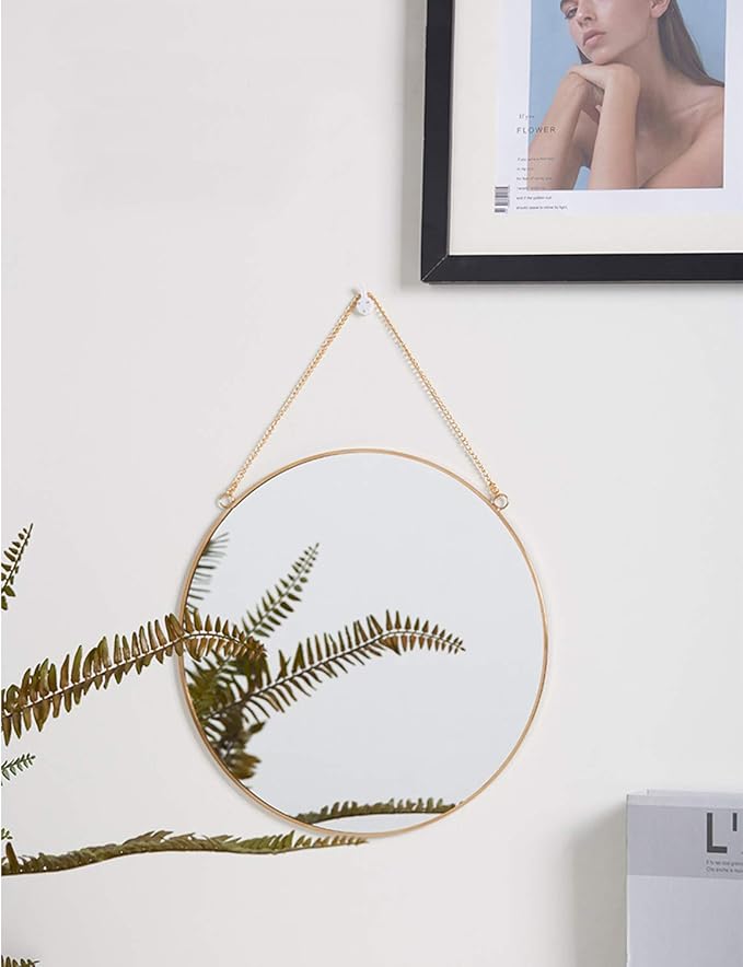 Dahey 11.8-inch Small Hanging Circle Mirror Wall Decor Gold Round Mirror with Hanging Chain for Office Bathroom Bedroom Living Room Dorm College, Gold