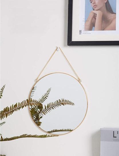 Dahey 11.8-inch Small Hanging Circle Mirror Wall Decor Gold Round Mirror with Hanging Chain for Office Bathroom Bedroom Living Room Dorm College, Gold