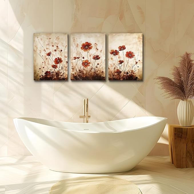 TTHYUEWS Boho Wall Decor for Bedroom Canvas Wall Art for Living Room Office Decorations Flowers Wall Pictures Watercolour Paintings Artwork Modern Aesthetic Bathroom Home Decor 3 Piece Ready To Hang