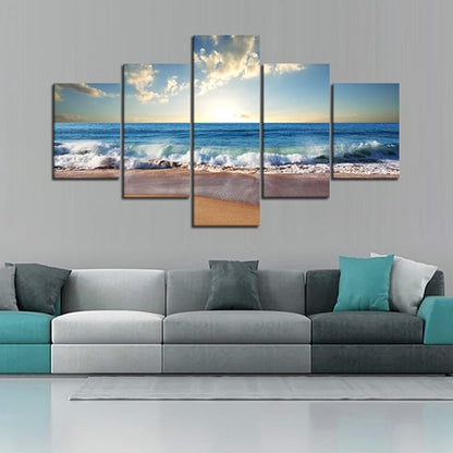 Modern Landscape Painting on Canvas 5 Panels Blue Sky Beach Ocean Pictures Wall Art for Living Room Home Decor Wooden Framed Stretched Ready to Hang (60" W x 40" H)